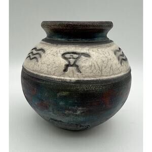 Ben Diller Volcano’s Fire Raku Pottery Vase 5” Petroglyph Art Artist Signed 2005